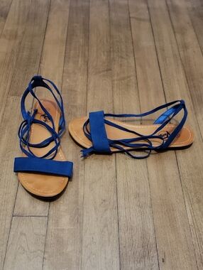 Minimalist Blue Strap Ankle Tie Flat Sandals Sz 6.5